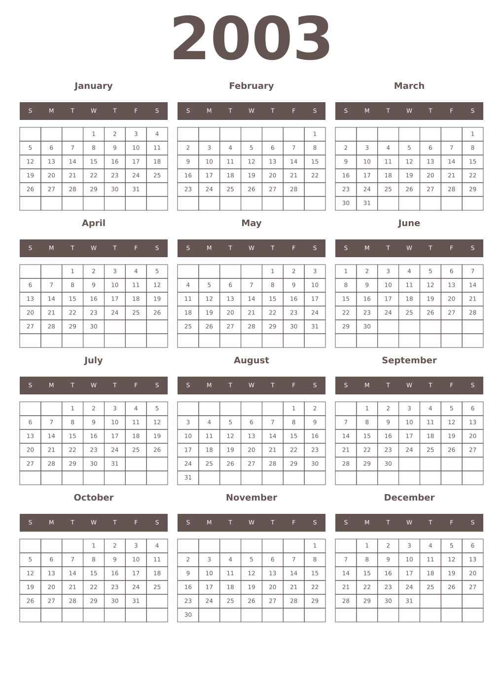 Printable 2003 Year Calendars wenge