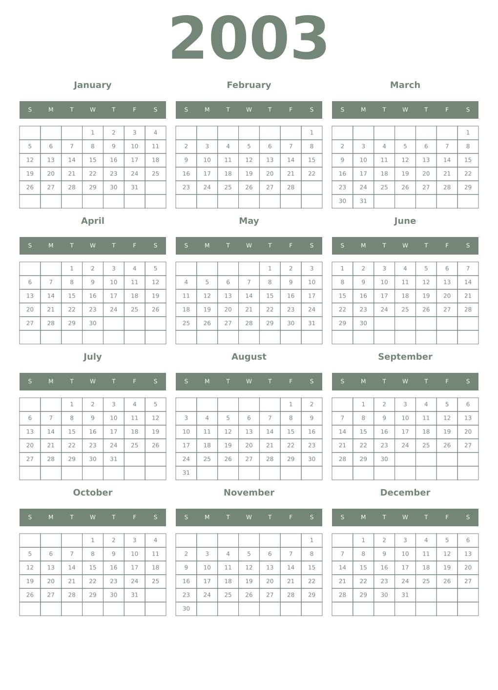Printable 2003 Year Calendars xanadu