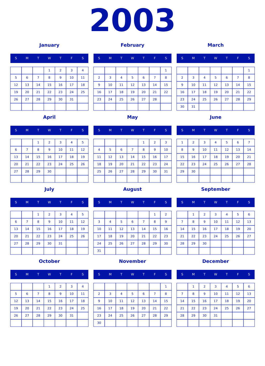 Printable 2003 Year Calendars zaffre