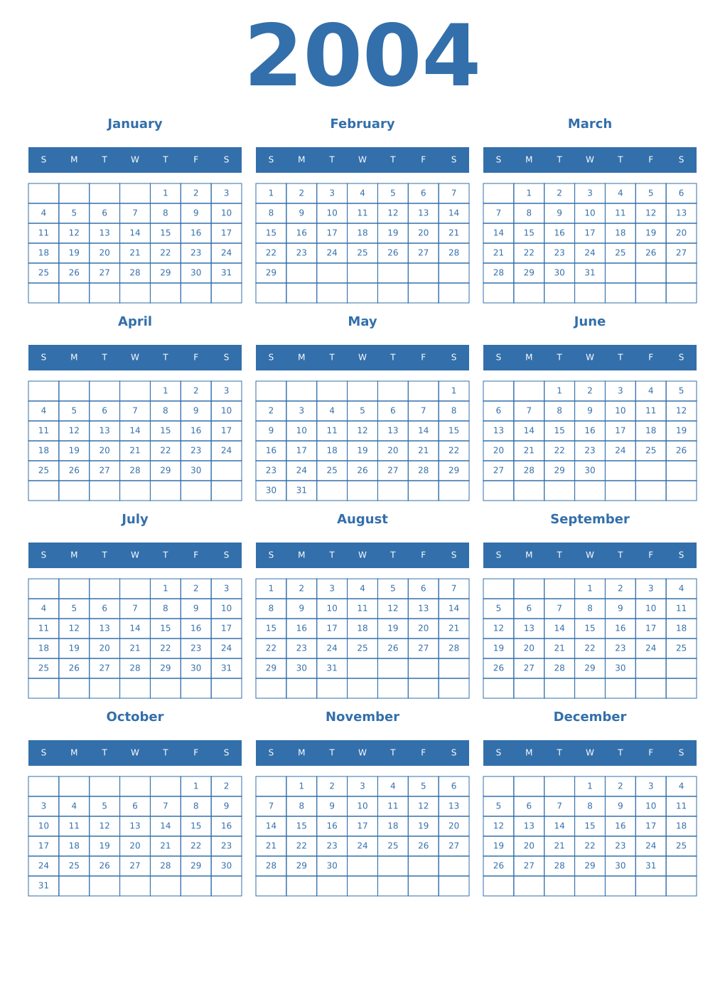 Printable 2004 Year Calendars blue
