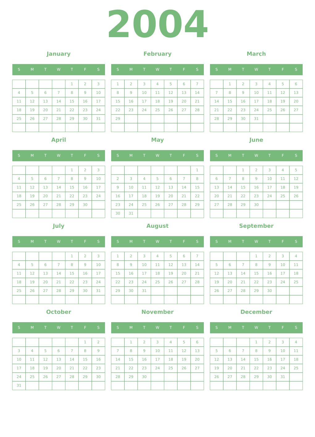 Printable 2004 Year Calendars celadon