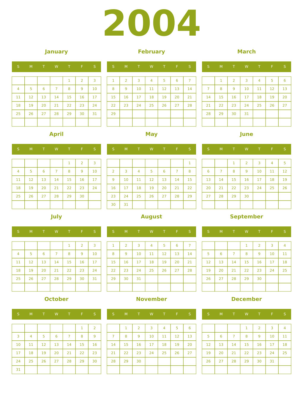 Printable 2004 Year Calendars chartreuse
