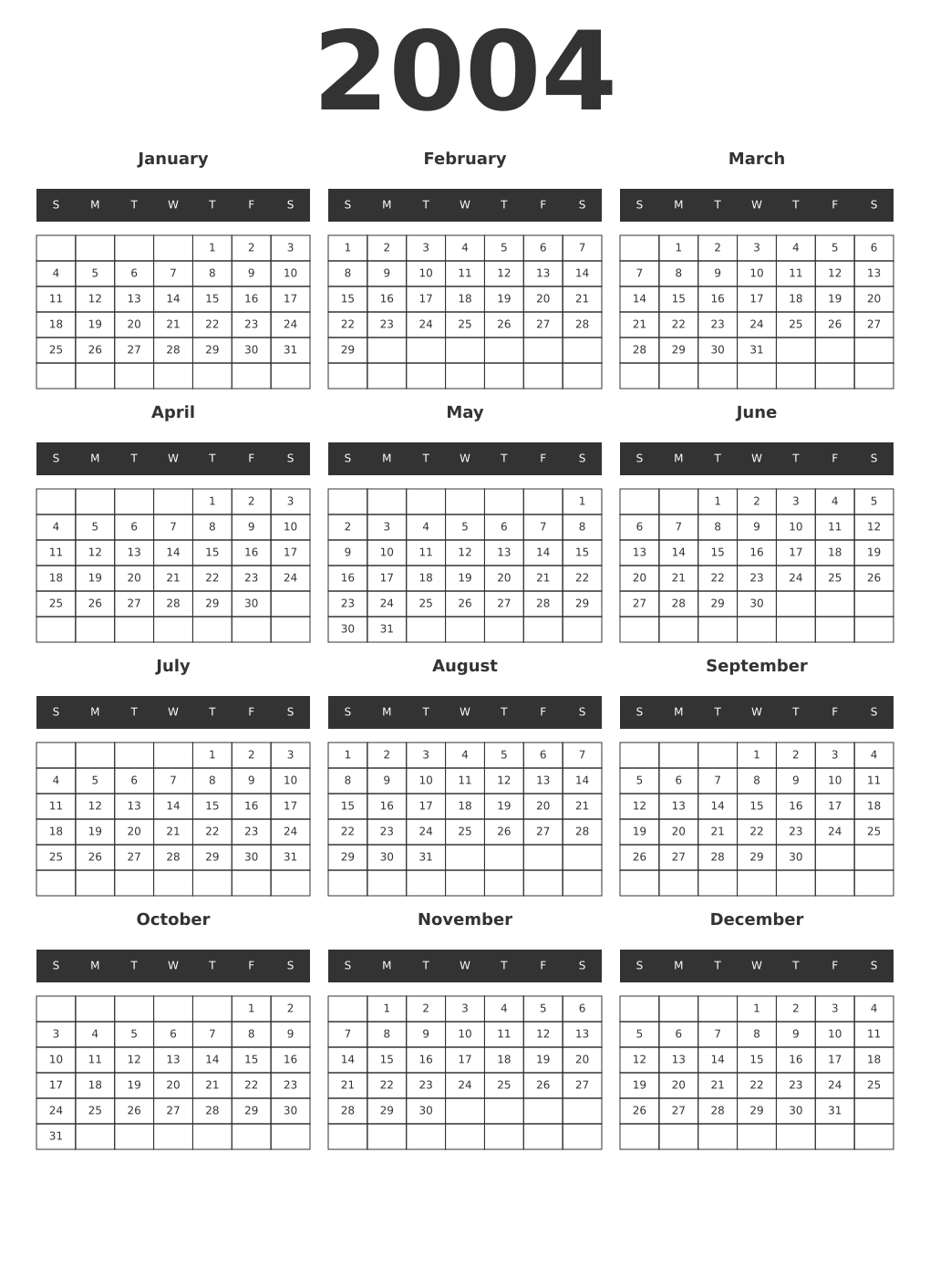 Printable 2004 Year Calendars dark