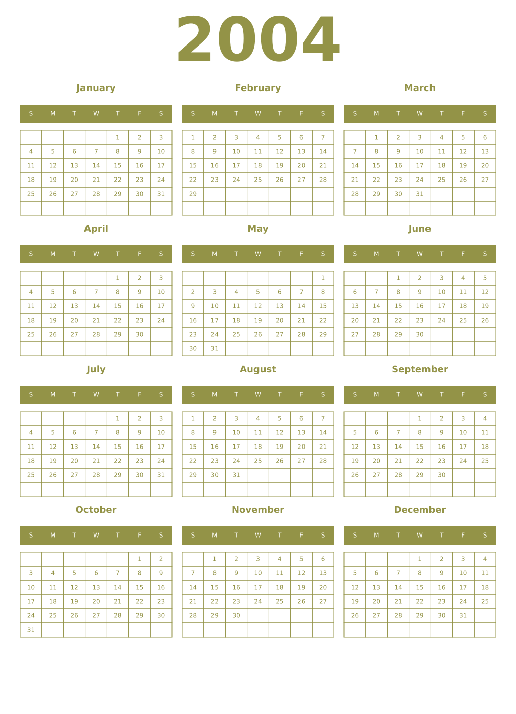 Printable 2004 Year Calendars eburnean