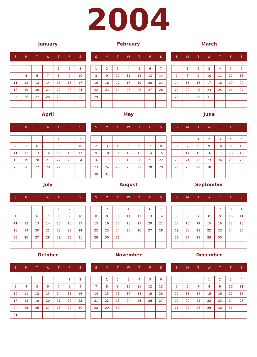 Printable 2004 Year Calendars falu