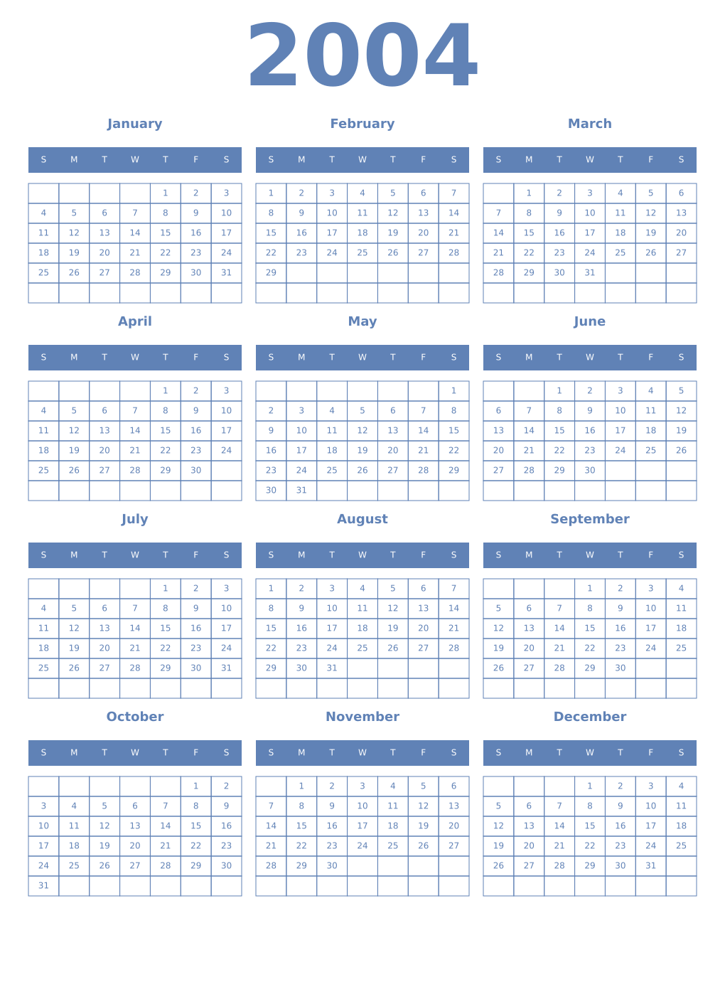 Printable 2004 Year Calendars glaucous