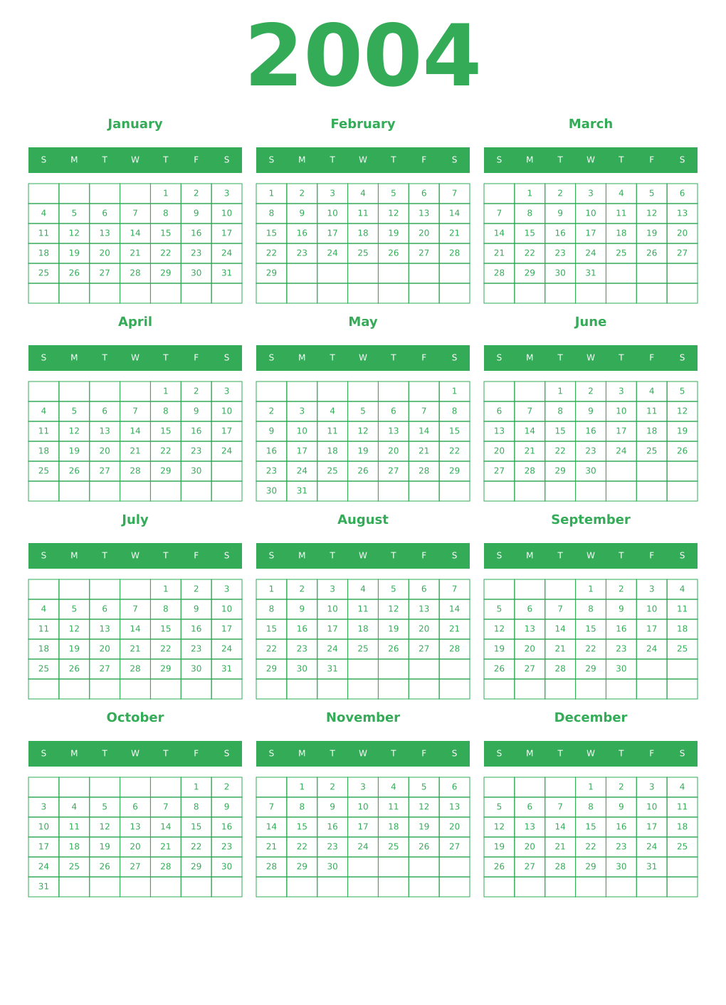 Printable 2004 Year Calendars green