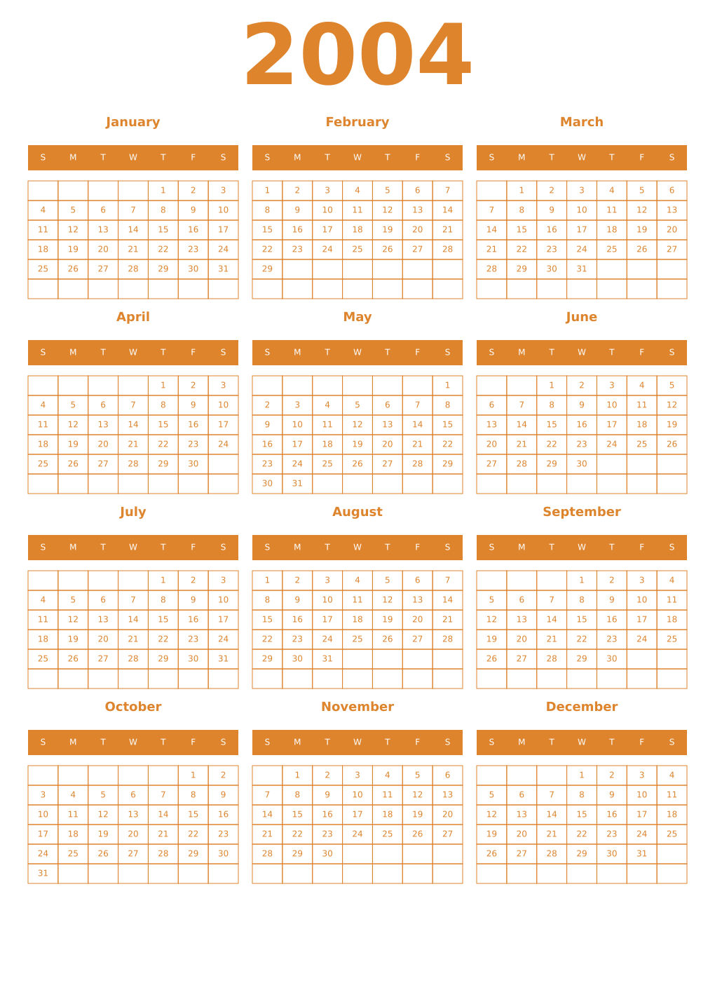 Printable 2004 Year Calendars orange