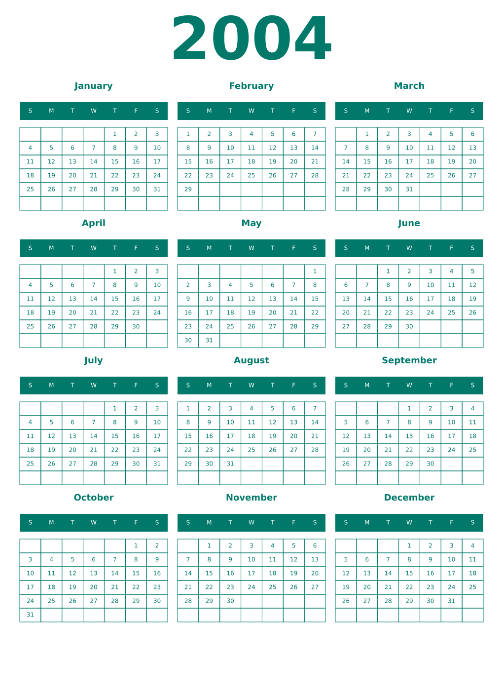 Printable 2004 Year Calendars pastel