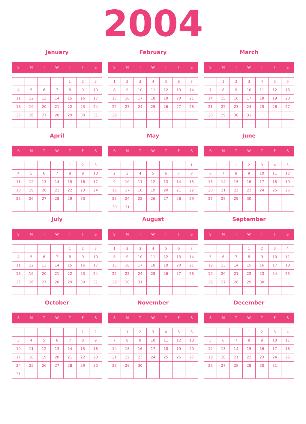Printable 2004 Year Calendars pink