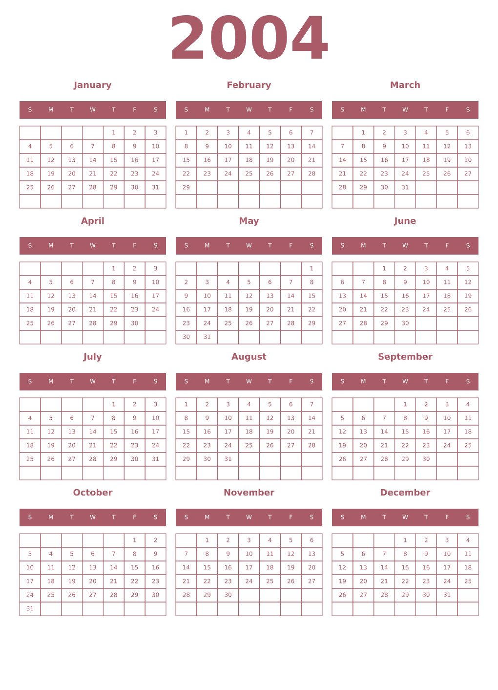 Printable 2004 Year Calendars puce