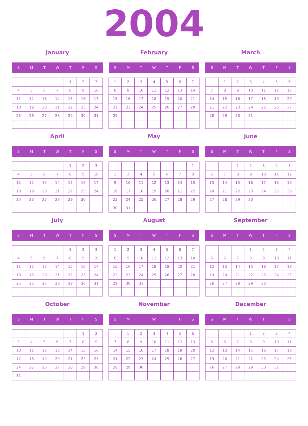 Printable 2004 Year Calendars purple