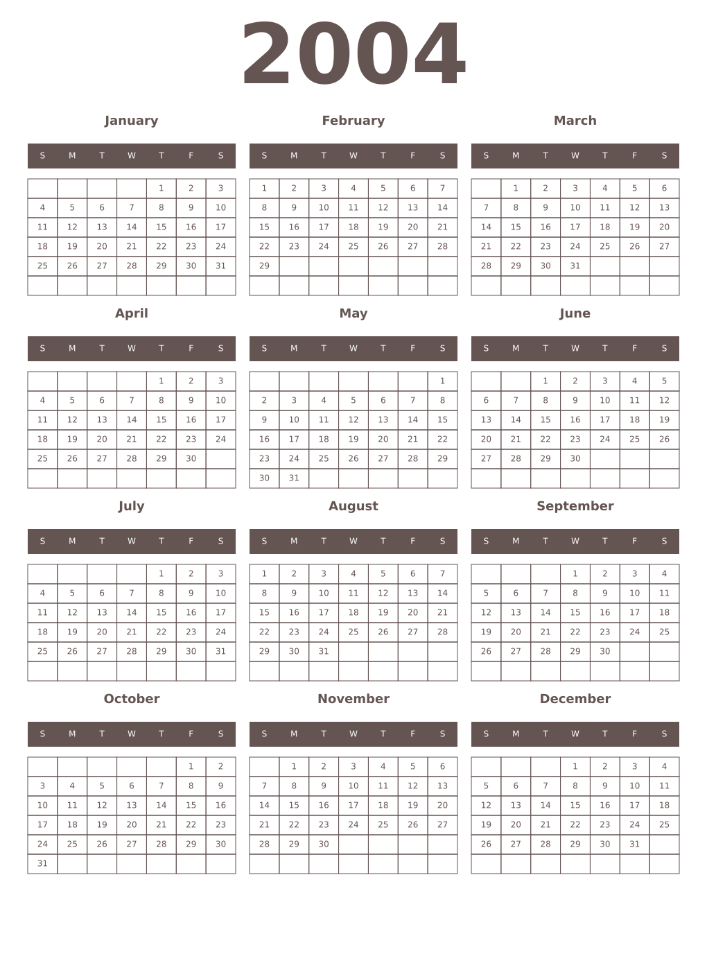 Printable 2004 Year Calendars wenge