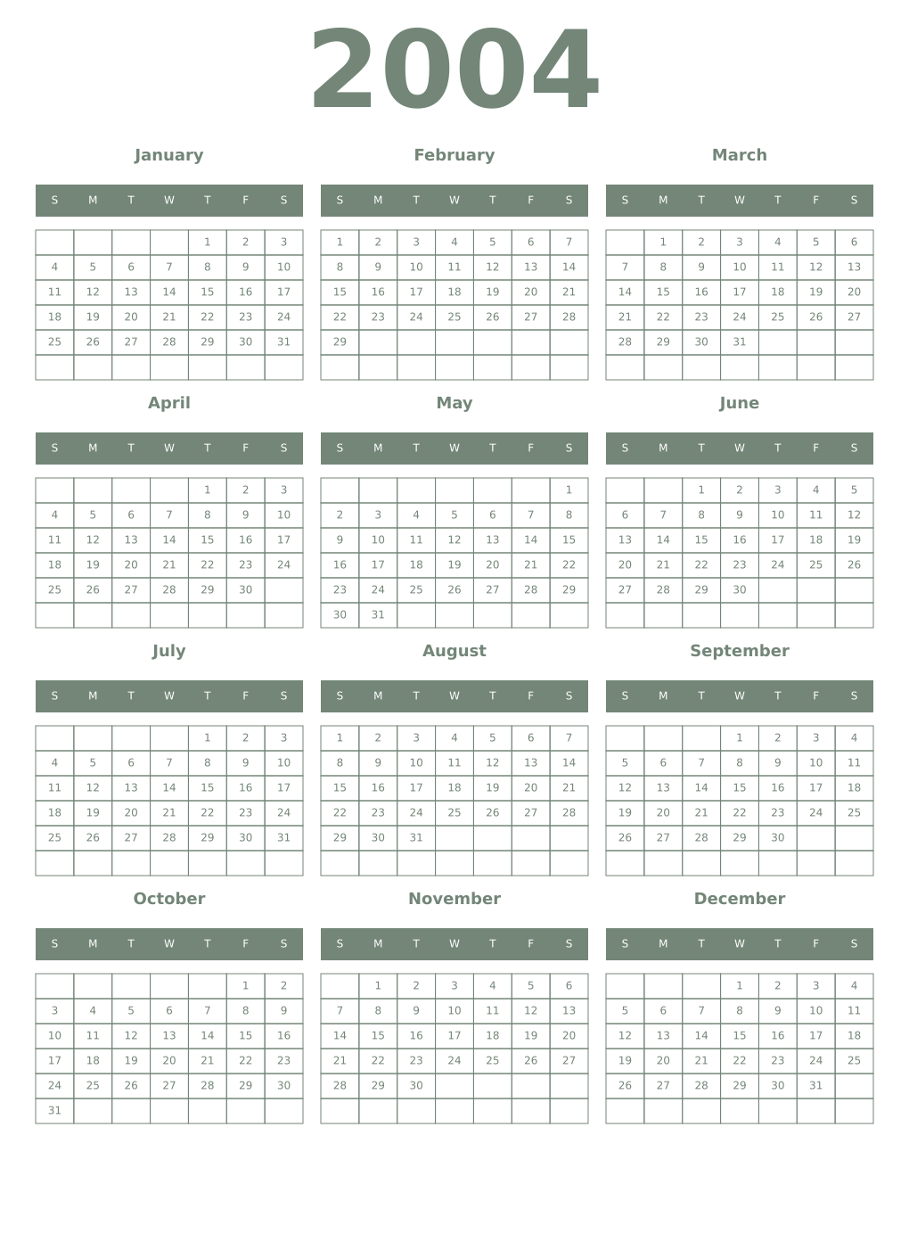 Printable 2004 Year Calendars xanadu