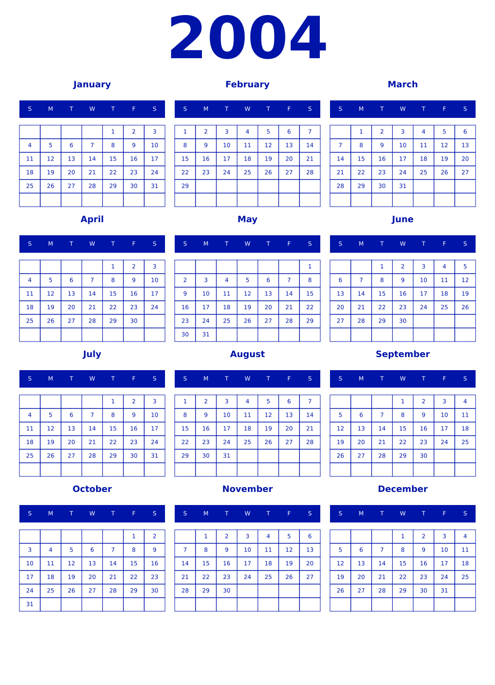 Printable 2004 Year Calendars zaffre