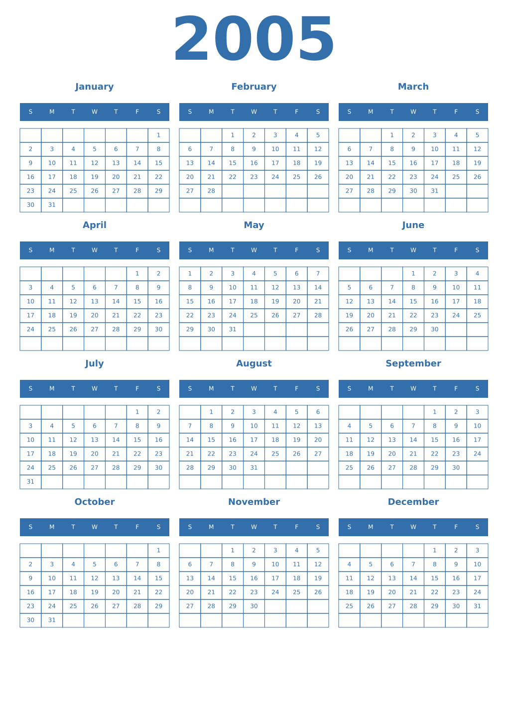 Printable 2005 Year Calendars blue