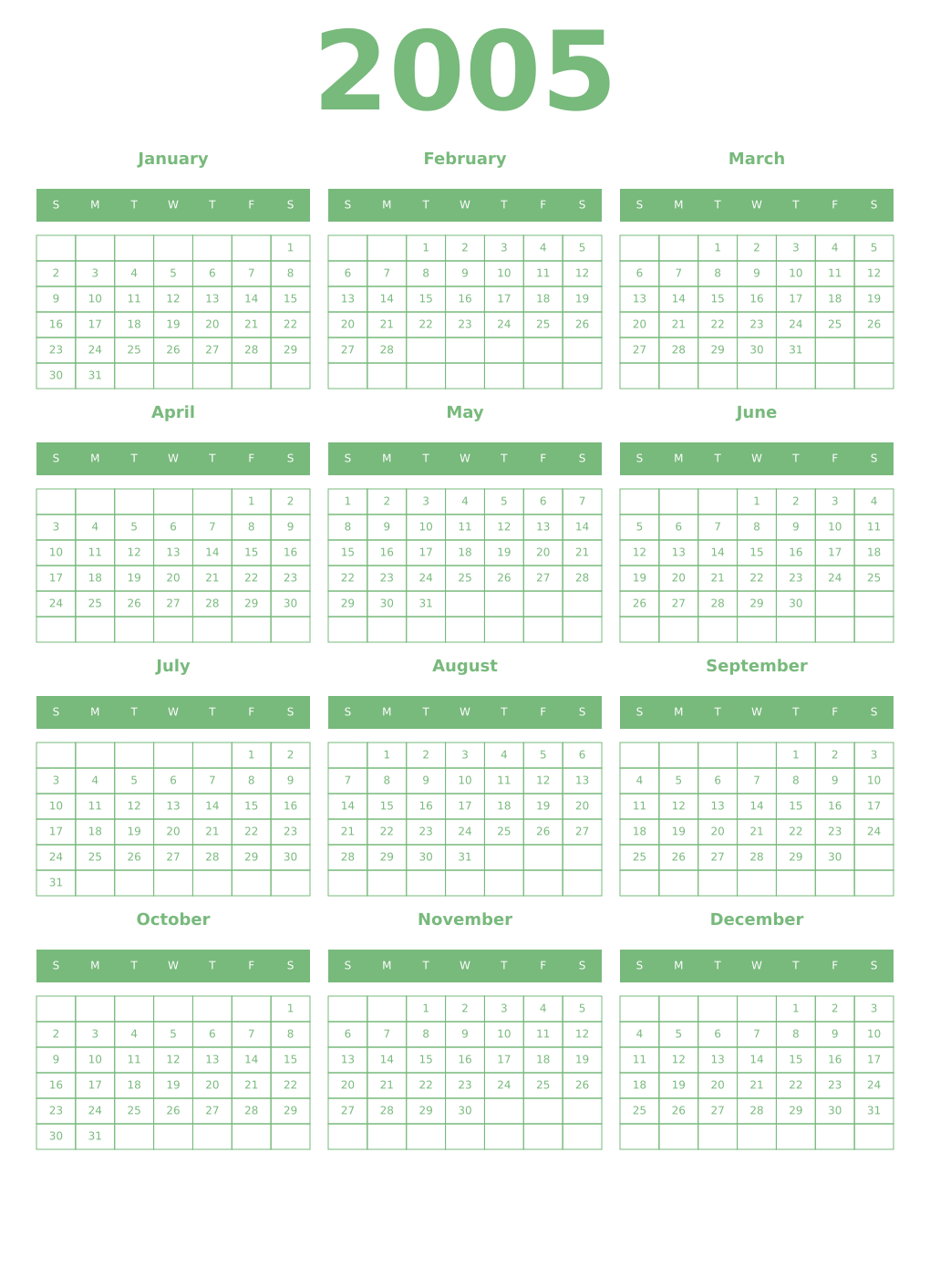 Printable 2005 Year Calendars celadon