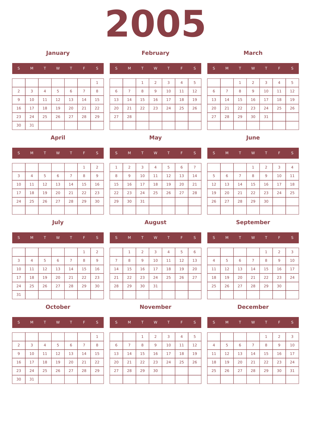 Printable 2005 Year Calendars cordovan