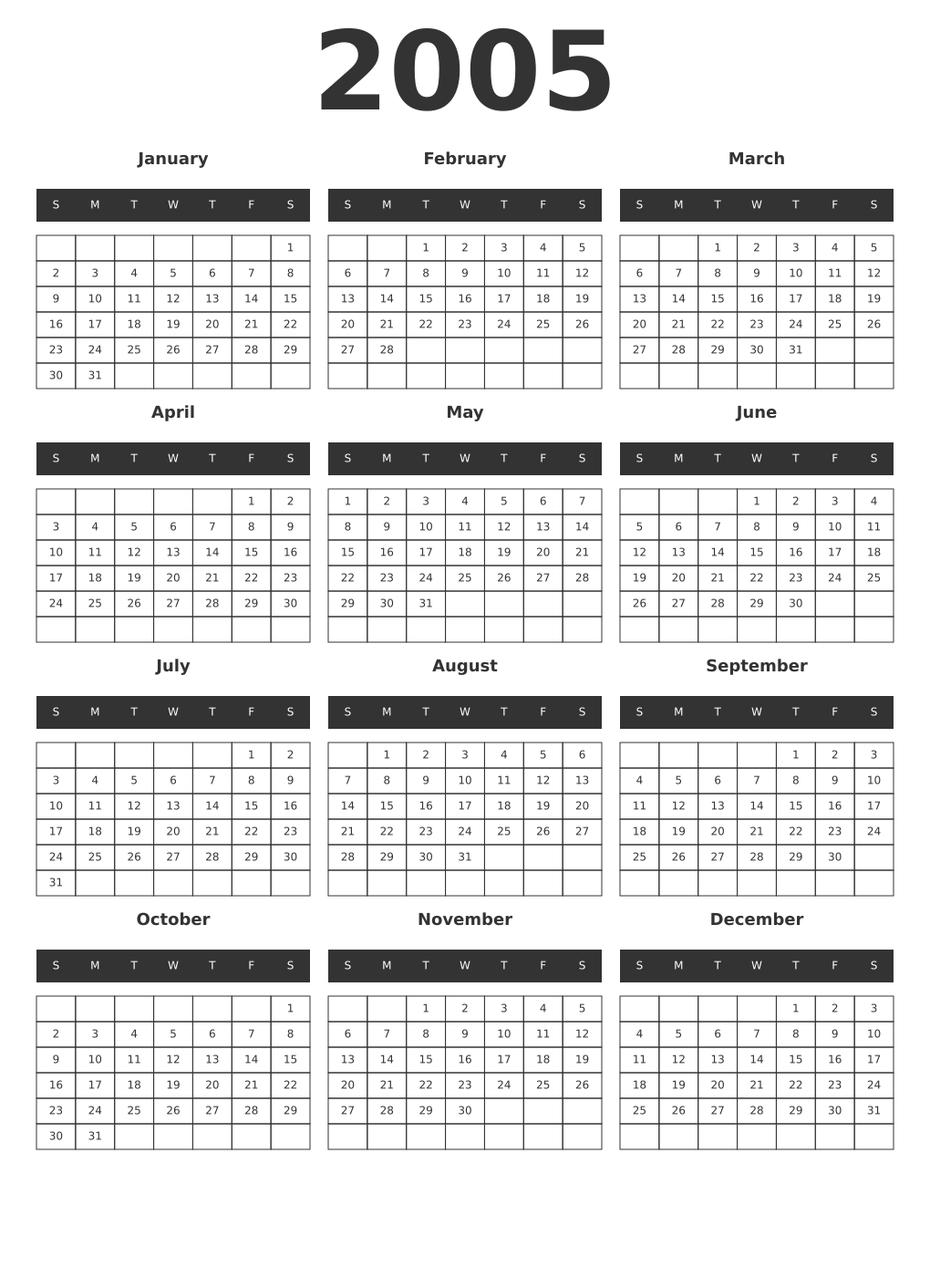 Printable 2005 Year Calendars dark