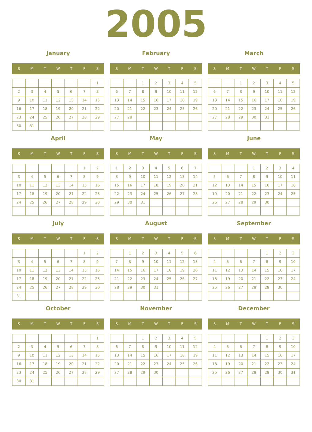 Printable 2005 Year Calendars eburnean
