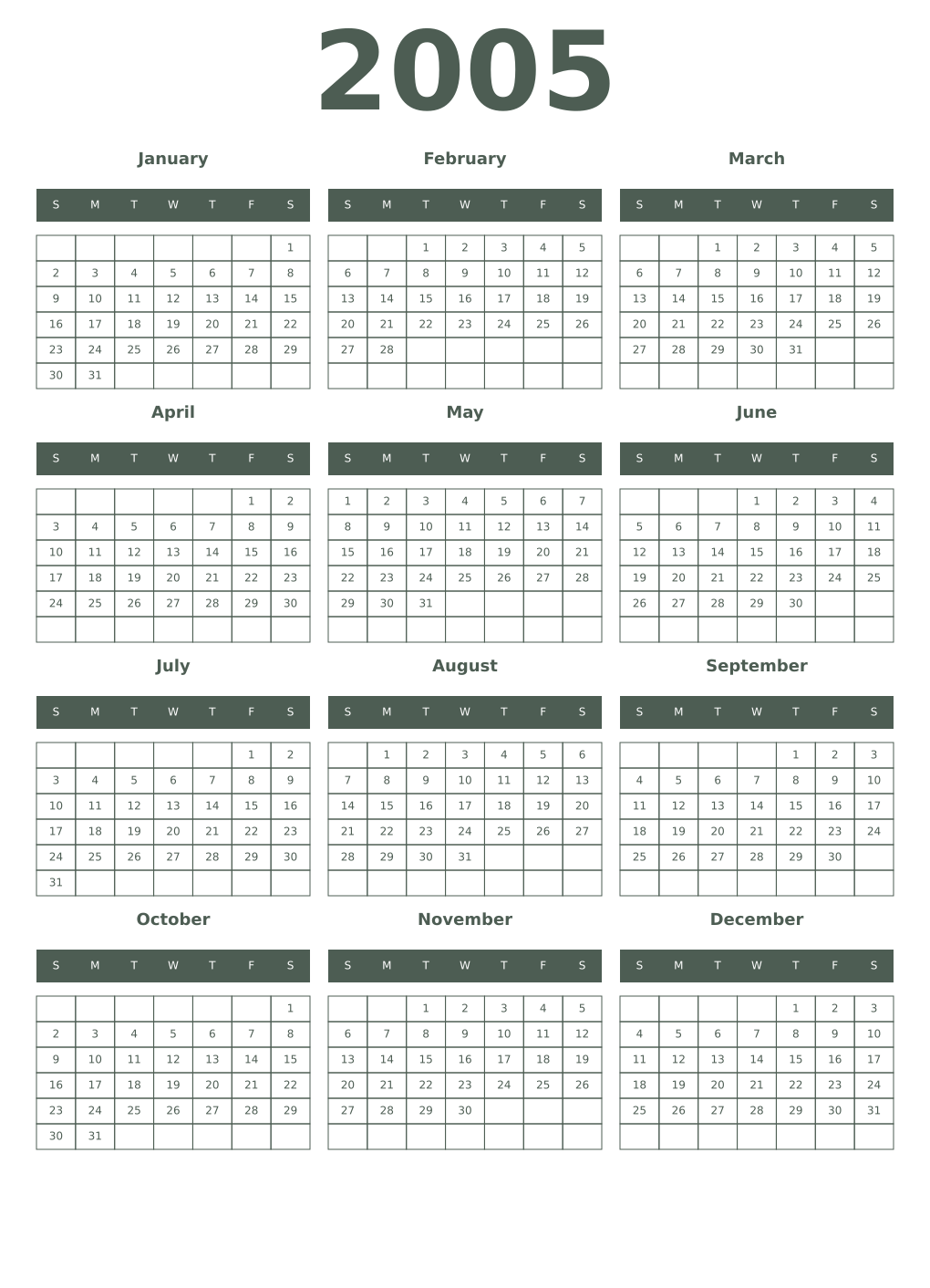 Printable 2005 Year Calendars feldgrau