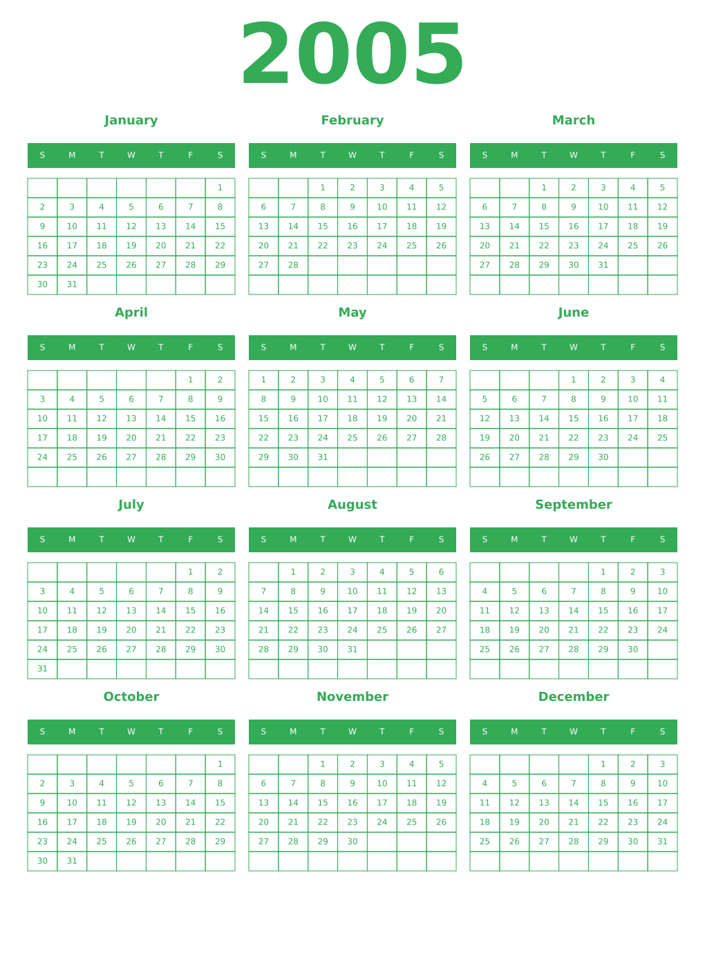 Printable 2005 Year Calendars green