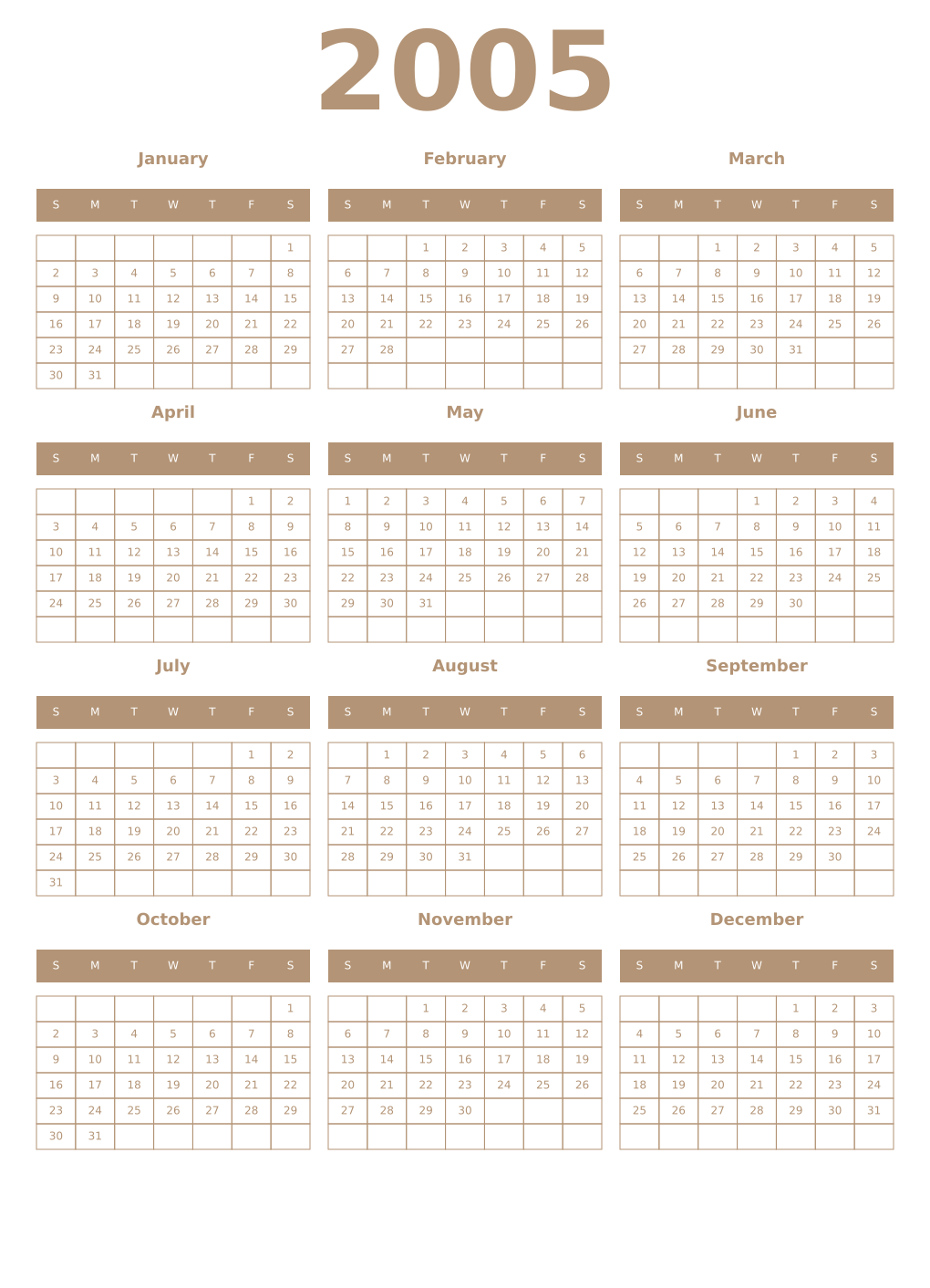 Printable 2005 Year Calendars isabelline