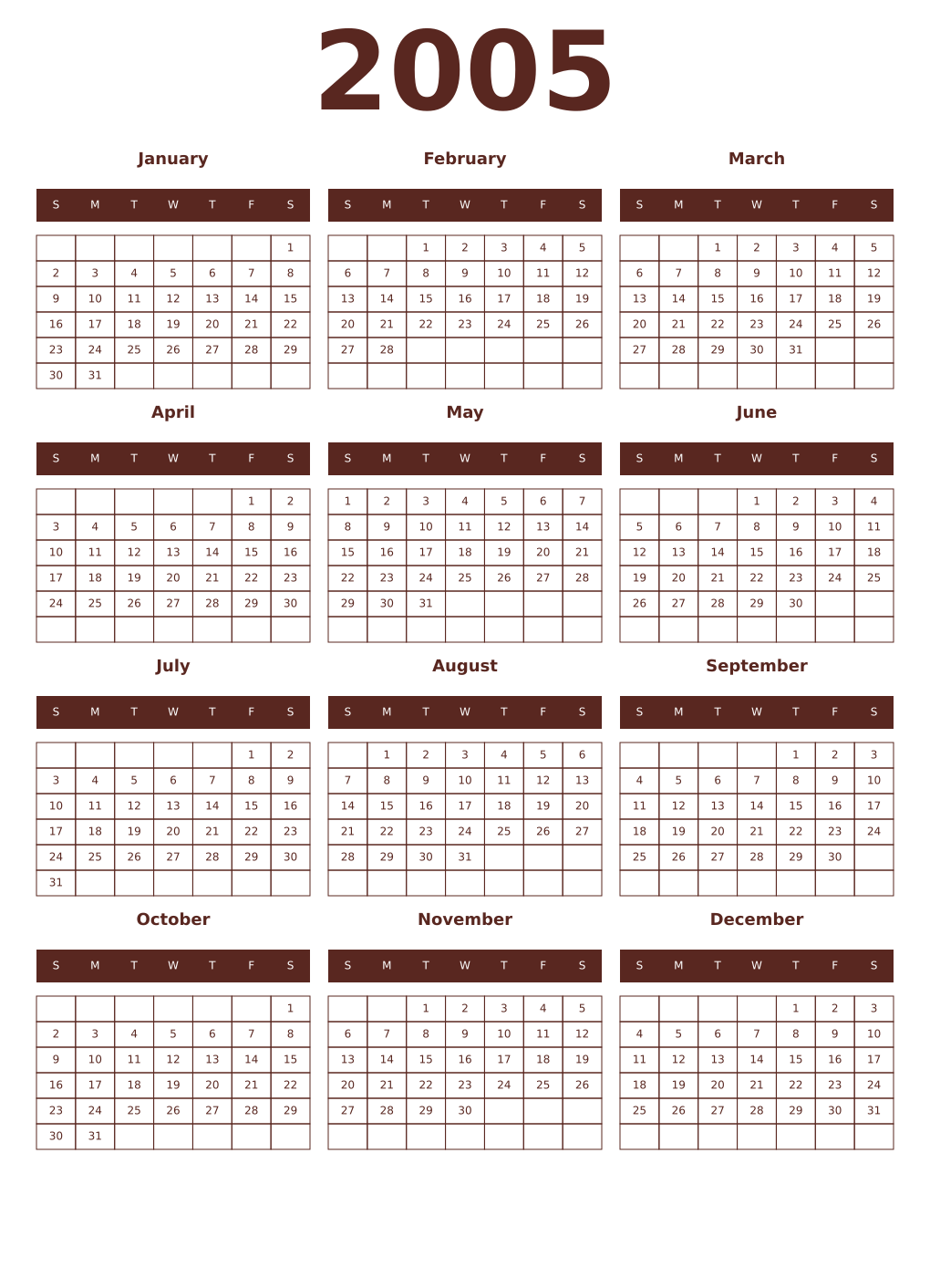 Printable 2005 Year Calendars mortuum