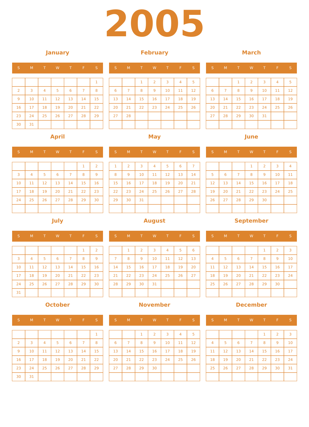 Printable 2005 Year Calendars orange