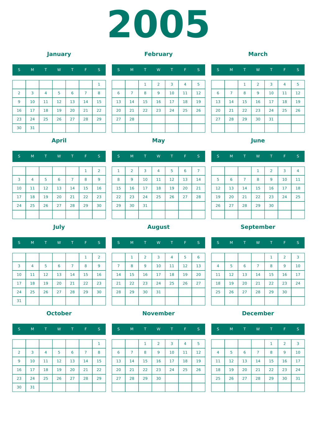 Printable 2005 Year Calendars pastel
