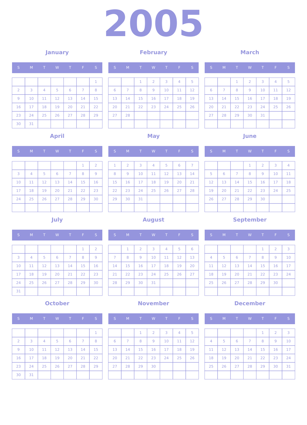 Printable 2005 Year Calendars periwinkle