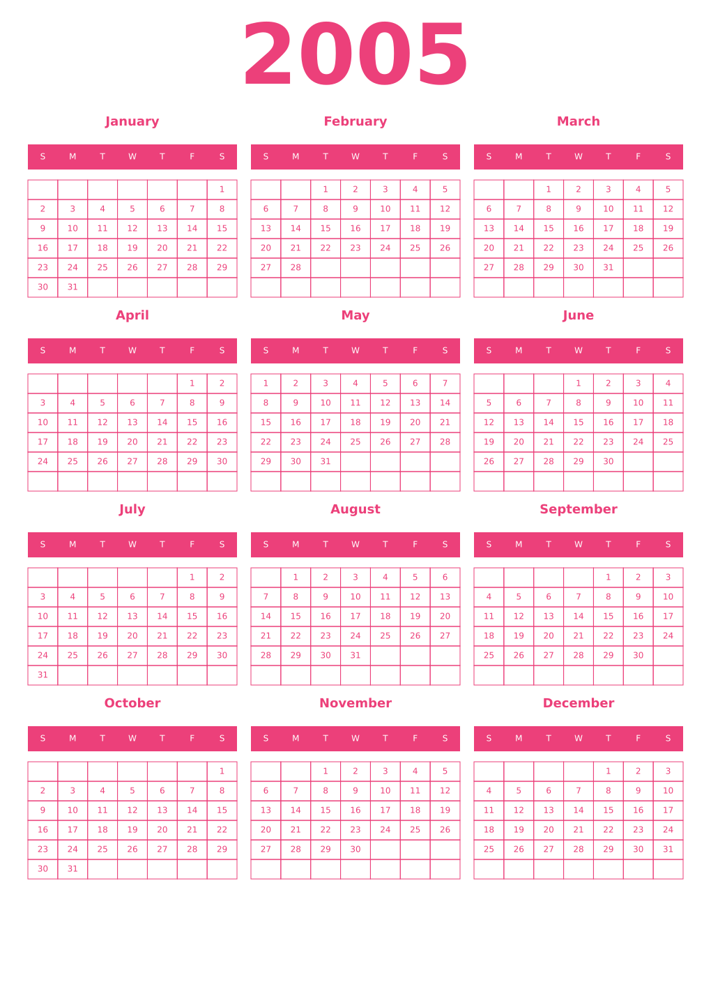 Printable 2005 Year Calendars pink