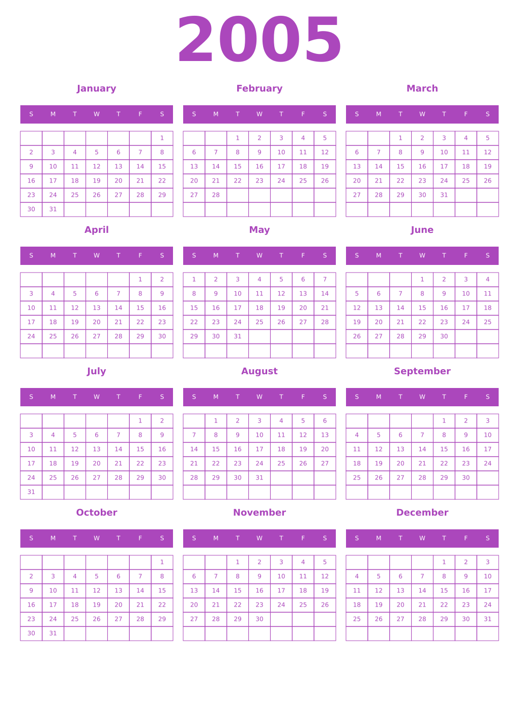 Printable 2005 Year Calendars purple