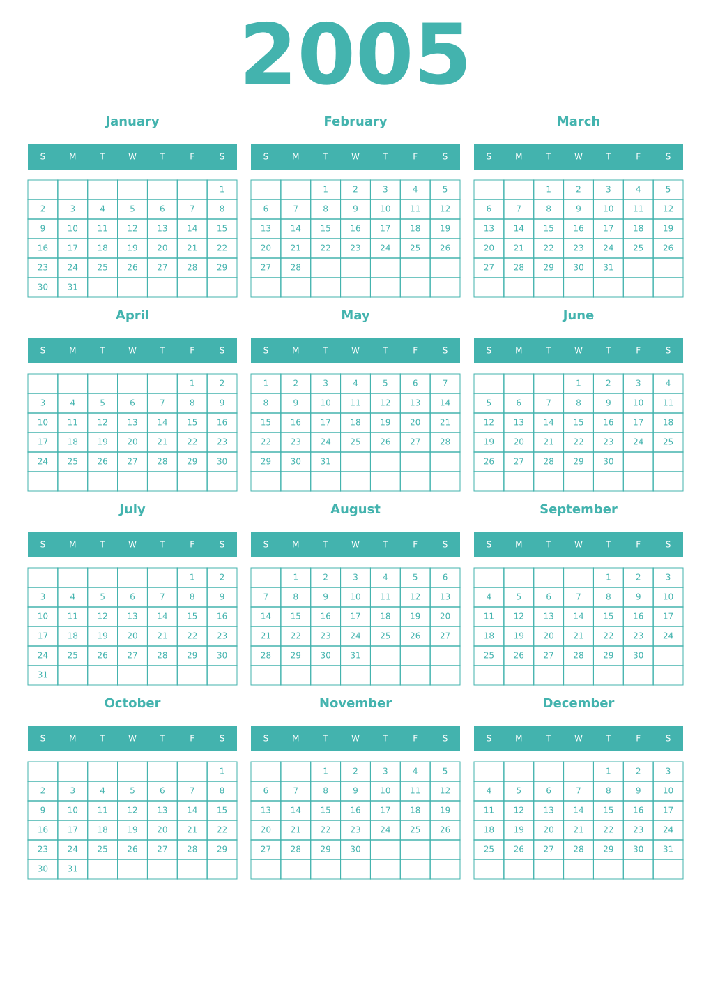 Printable 2005 Year Calendars verdigris