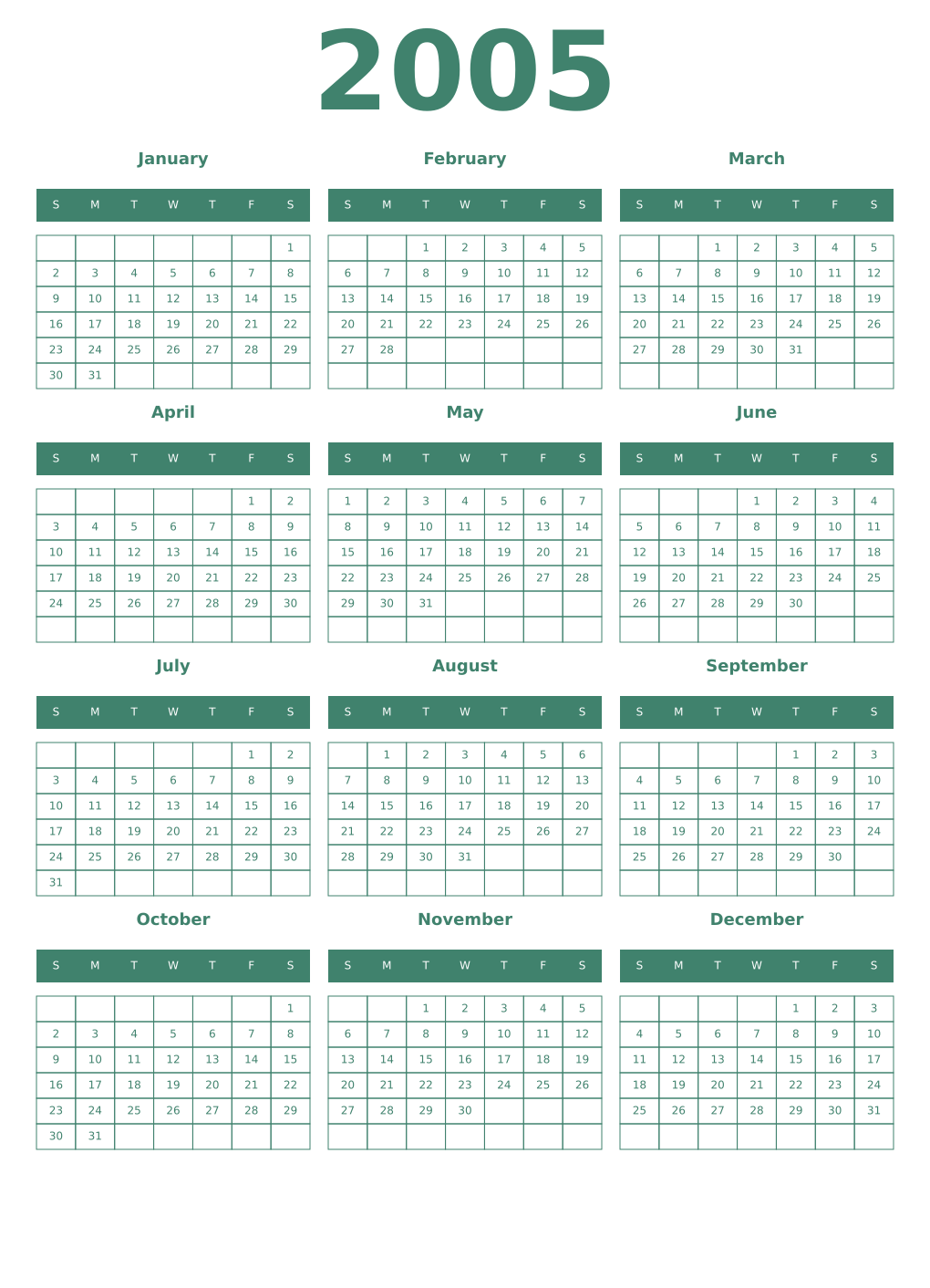 Printable 2005 Year Calendars viridian