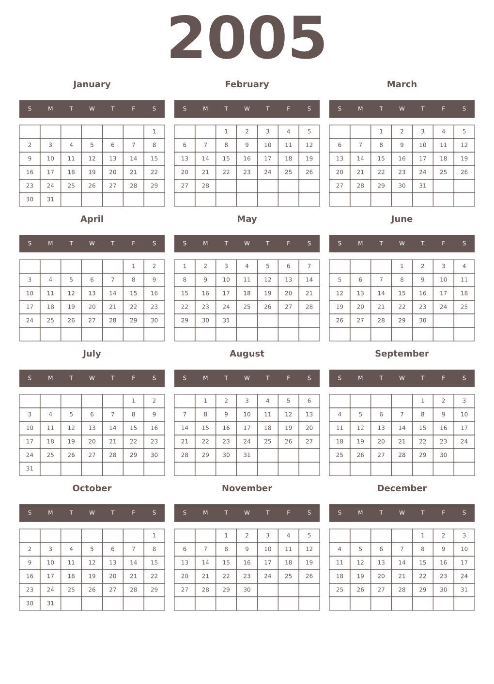Printable 2005 Year Calendars wenge