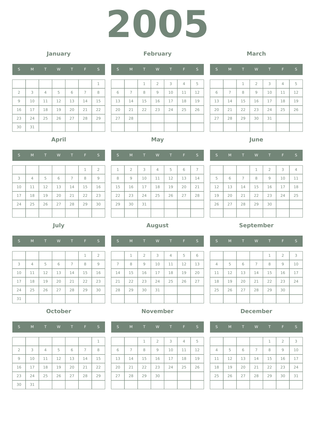 Printable 2005 Year Calendars xanadu