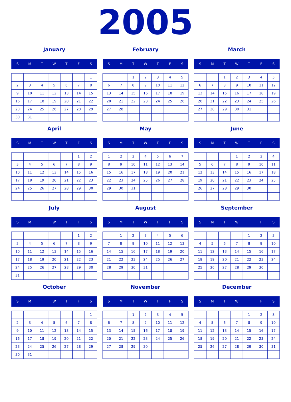 Printable 2005 Year Calendars zaffre