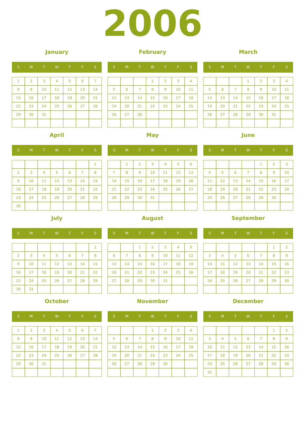 Printable 2006 Year Calendars chartreuse