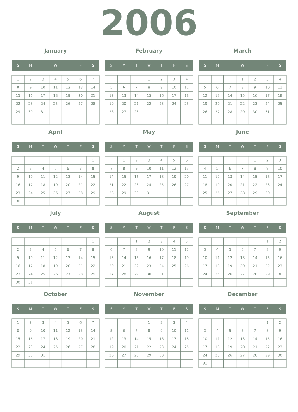 Printable 2006 Year Calendars xanadu