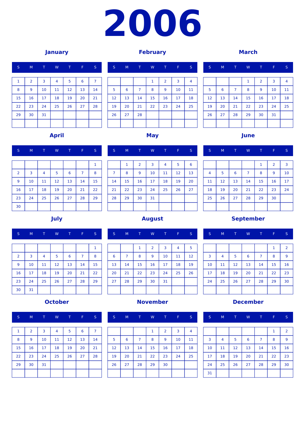Printable 2006 Year Calendars zaffre