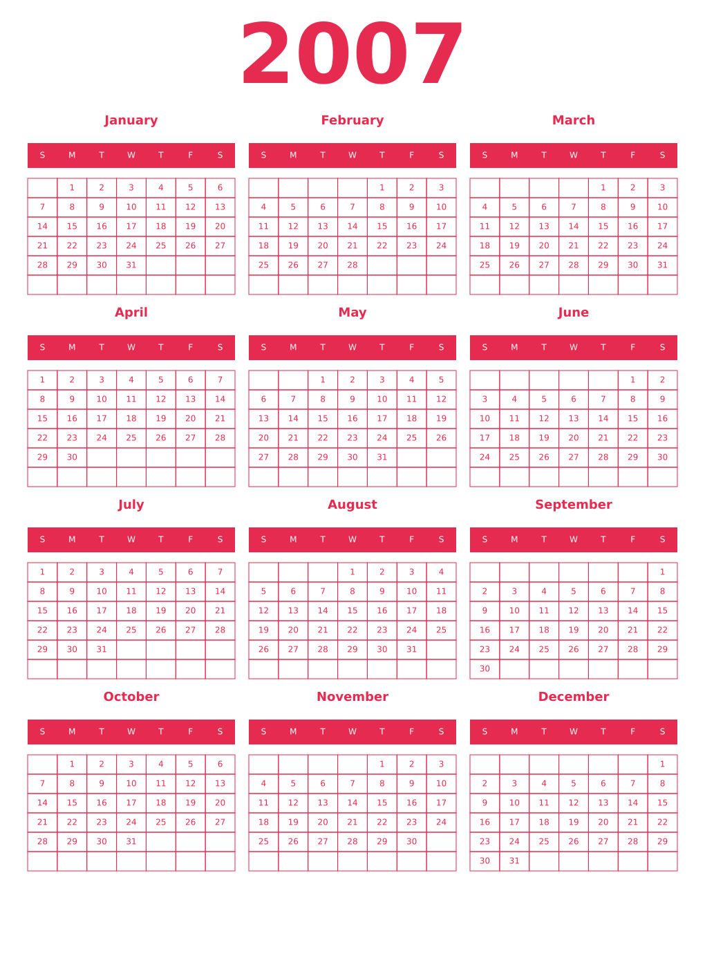 Printable 2007 Year Calendars amaranth