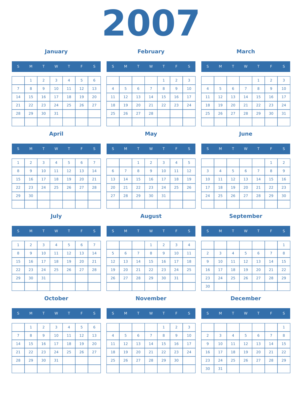 Printable 2007 Year Calendars blue
