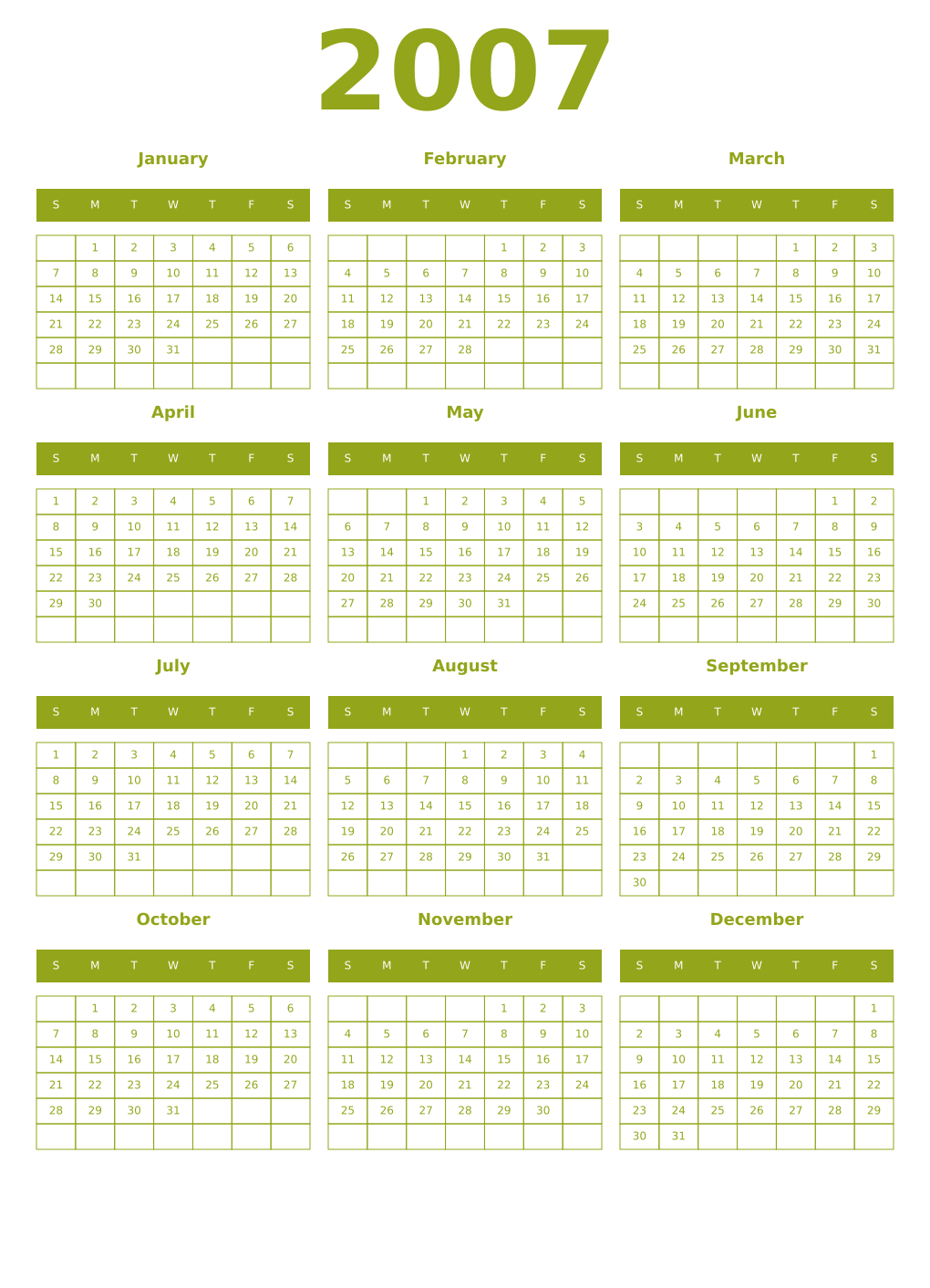 Printable 2007 Year Calendars chartreuse