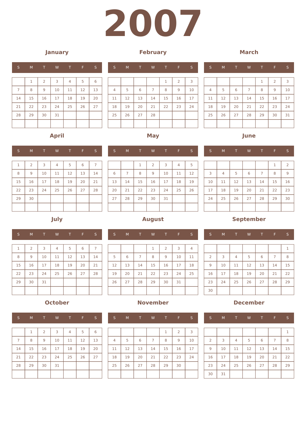 Printable 2007 Year Calendars coffe