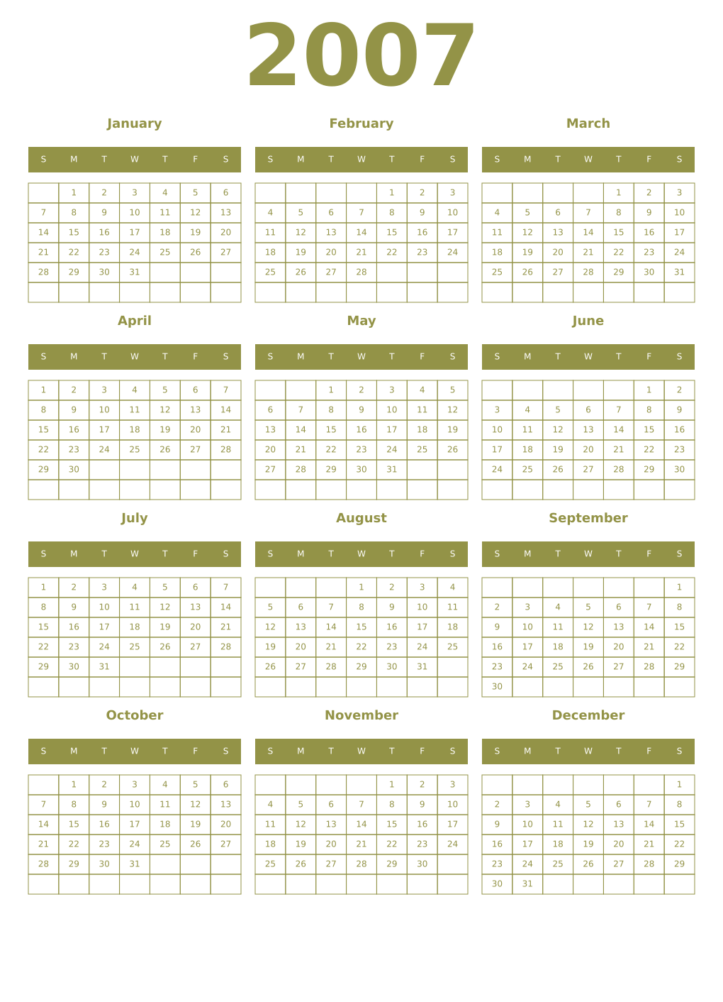 Printable 2007 Year Calendars eburnean