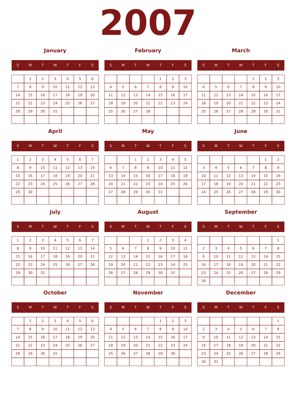 Printable 2007 Year Calendars falu
