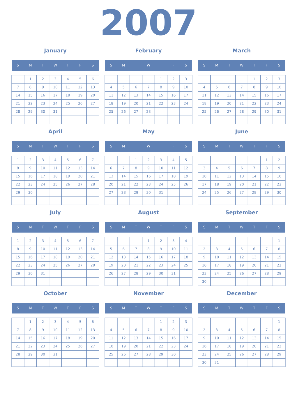 Printable 2007 Year Calendars glaucous