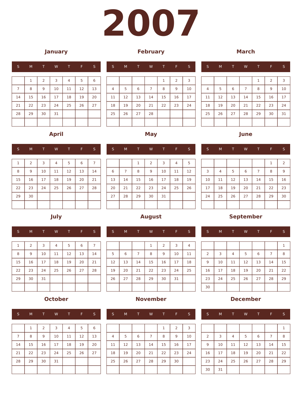 Printable 2007 Year Calendars mortuum
