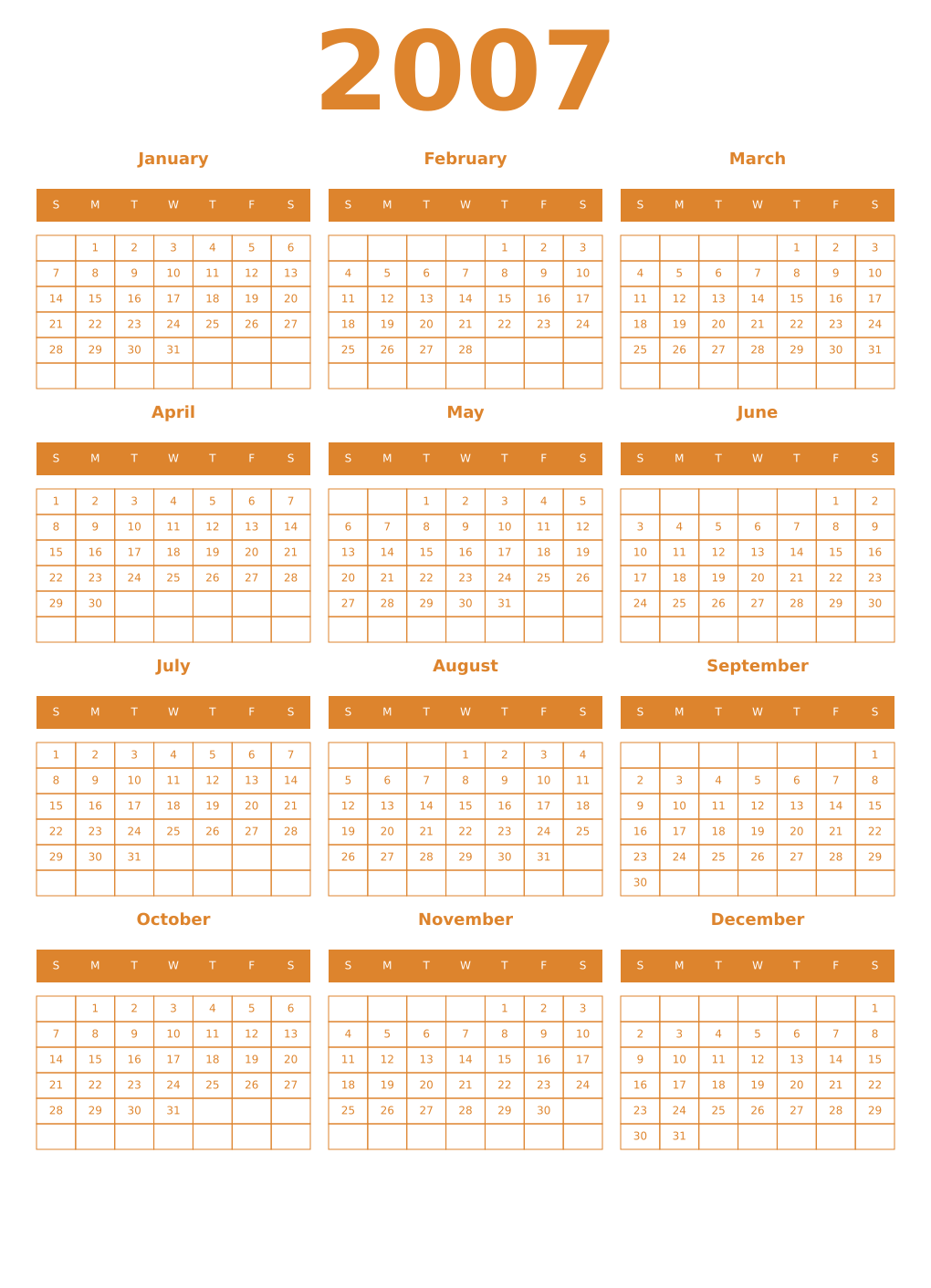 Printable 2007 Year Calendars orange